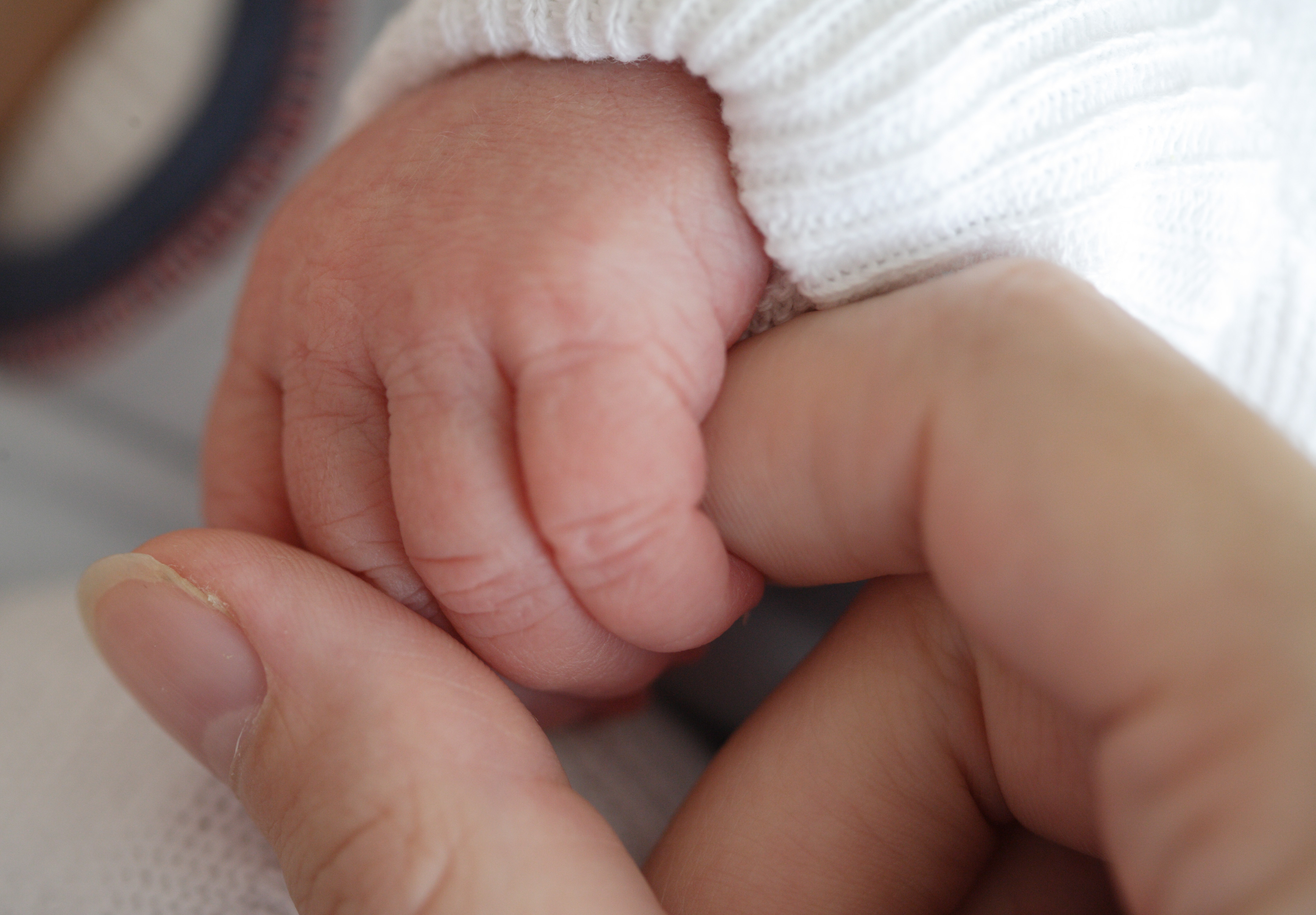 Hand eines Babys greift nach dem Finger einer Frau